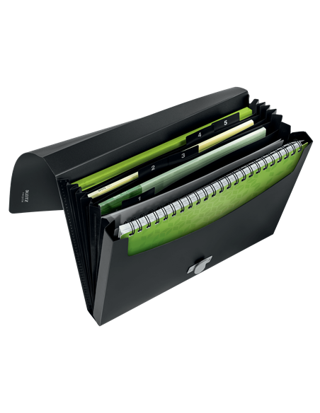 CARPETA POLIPROPILENO ACORDEON 5 POSICIONES+BOLSILLO FRONTAL BROCHE GIRATORIO A4 RECYCLE NEGRO LEITZ 46240095