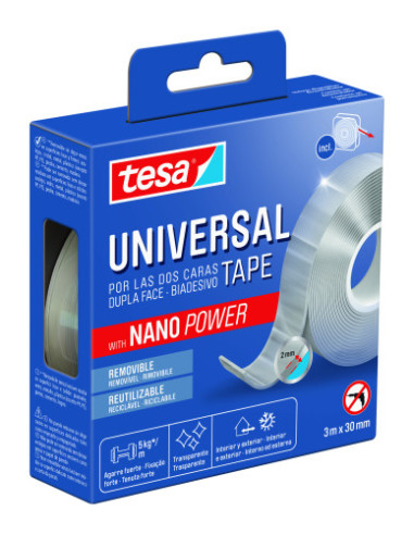 CINTA ADHESIVA DOBLE CARA NANO UNIVERSAL POWER 5KG 3 METROS x 30 MM TESA 55810-00002-00