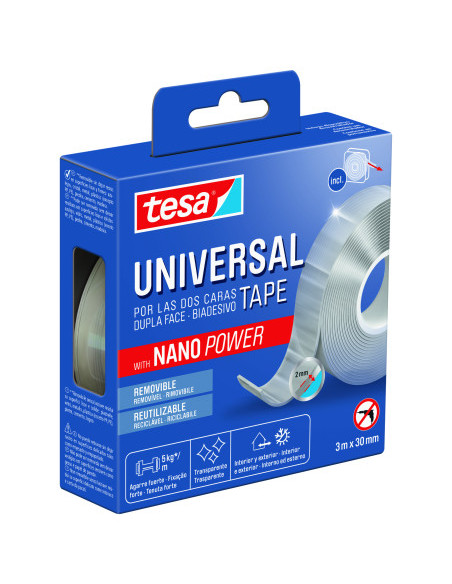 CINTA ADHESIVA DOBLE CARA NANO UNIVERSAL POWER 5KG 3 METROS x 30 MM TESA 55810-00002-00