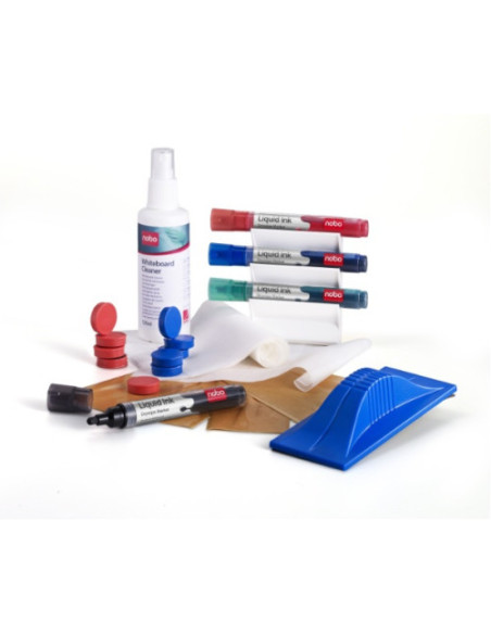KIT PIZARRA BLANCA 4 ROTULADORES + 5 RECARGAS + SPRAY LIMPIEZA + BAYETA + 10 IMANES NOBO 1901430