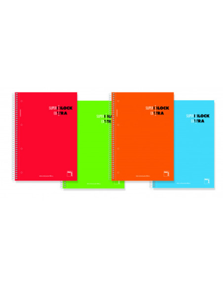 CUADERNO ESPIRAL SERIE SUPERBLOCK EXTRA TAPA DURA 90 GRS. A-5 (148X210MM.) MICROPERFORADO 120 HOJAS CUADRÍCULA 5X5 + GRECA SURTI