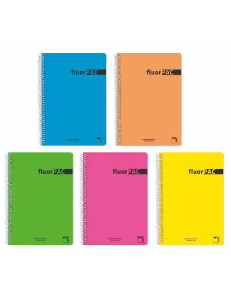 CUADERNO SERIE FLUORPAC TAPA POLIPROPILENO 90 GRS. FLUOR FOLIO (215X310MM.) 80 HOJAS CUADRÍCULA 4X4 CON MARGEN SURTIDO PACSA 165