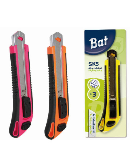 CUTTER ERGONOMICO ANTIDESLIZANTE + 3 CUCHILLAS ALTA CALIDAD COLORES SURTIDOS BISMARK 312209