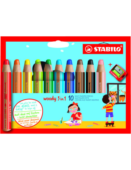 ESTUCHE 10 LAPICES + SACAPUNTAS WOODY 3 COLORES EN 1 STABILO