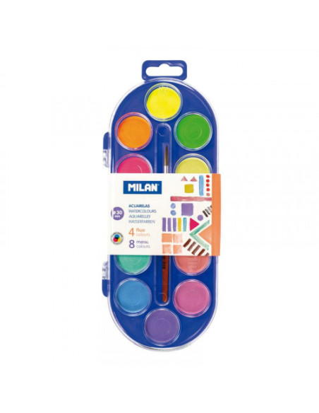 ESTUCHE 12 PASTILLAS ACUARELAS FLUO Y METAL 30MM CON PINCEL MILAN 531512