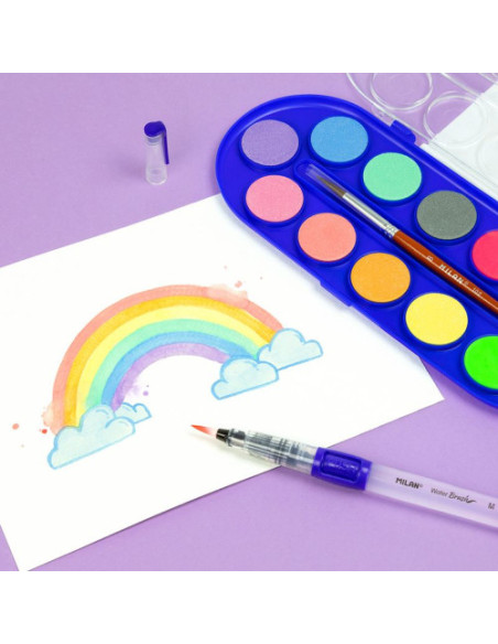 ESTUCHE 12 PASTILLAS ACUARELAS FLUO Y METAL 30MM CON PINCEL MILAN 531512