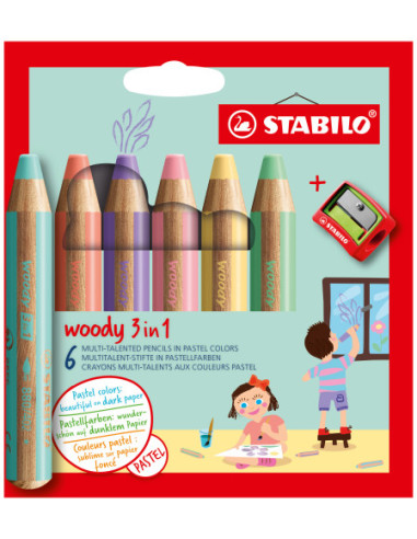 ESTUCHE 6 LAPICES + SACAPUNTAS WOODY 3 COLORES EN 1 TONOS PASTEL STABILO 8806-3