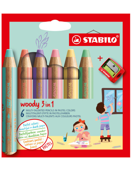 ESTUCHE 6 LAPICES + SACAPUNTAS WOODY 3 COLORES EN 1 TONOS PASTEL STABILO 8806-3