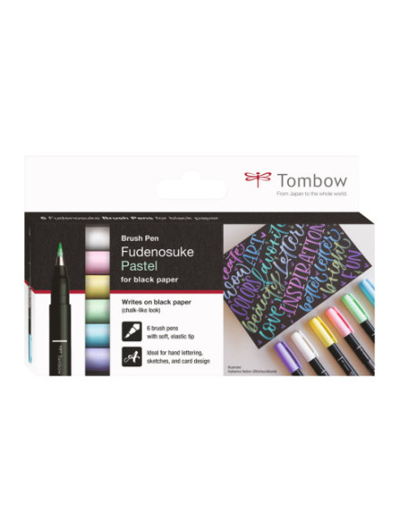 ESTUCHE 6 ROTULADORES BASE DE AGUA FUDENOSUKE PARA PAPEL OSCURO COLORES PASTEL TOMBOW WS-BS-6P