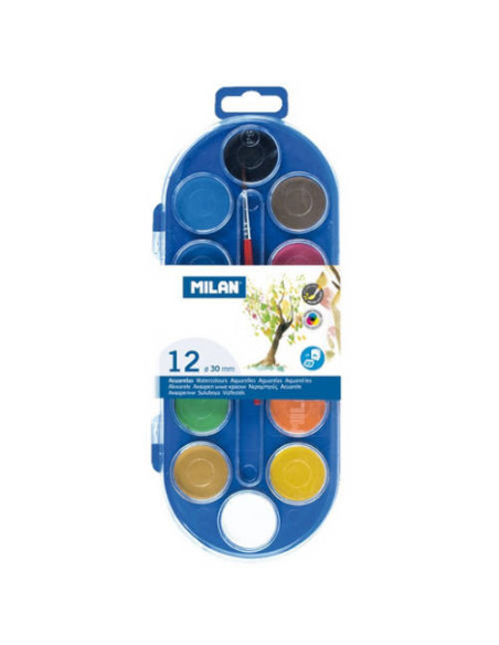 ESTUCHE ACUARELAS 12 PASTILLAS 30 MM Y PINCEL MILAN 80011