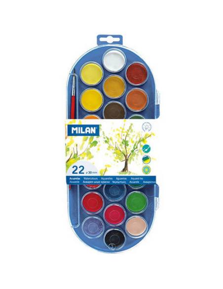 ESTUCHE ACUARELAS 22 PASTILLAS 30 MM Y PINCEL MILAN 80022