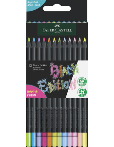 ESTUCHE CARTON 12 LÁPICES DE COLOR NEON BLACK EDITION FABER CASTELL 116410