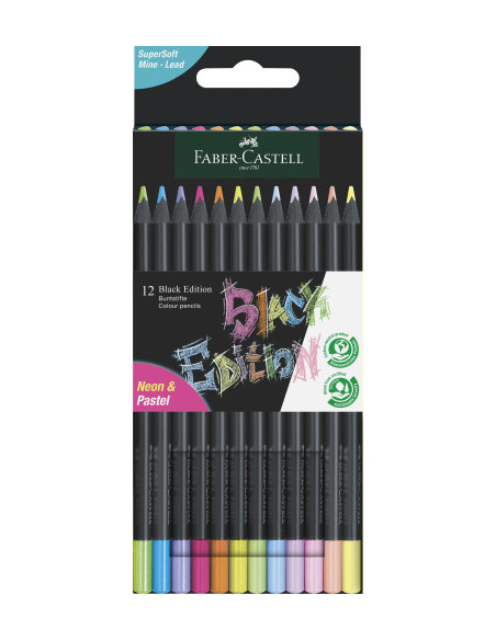 ESTUCHE CARTON 12 LÁPICES DE COLOR NEON BLACK EDITION FABER CASTELL 116410