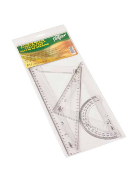ESTUCHE CON REGLA / ESCUADRA / CARTABON Y SEMICIRCULO 25 CM. PLASTICO FAIBO 804