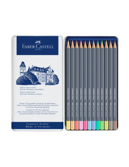 ESTUCHE METÁLICO CON 12 LÁPICES DE COLORES PASTEL ACUARELABLES GOLDFABER. FABER CASTELL 114622