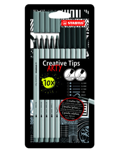 ESTUCHE ROTULADORES CREATIVE TIPS ARTY CON 10 ROTULADORES (5 PUNTAS DIFERENTES) EN COLOR NEGRO Y GRIS STABILO 89/10-1-20