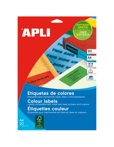 PACK 20 HOJAS (20 UDS) ETIQUETAS AMARILLAS 210X297MM APLI 1599