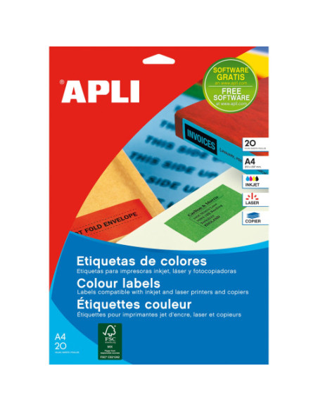PACK 20 HOJAS (20 UDS) ETIQUETAS AMARILLAS 210X297MM APLI 1599
