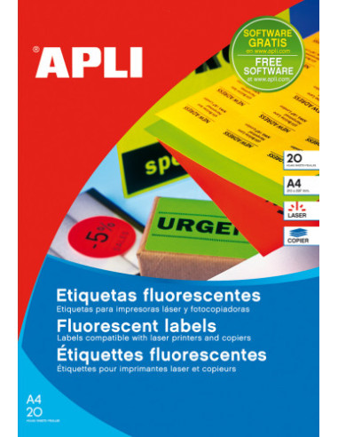 PACK 20 HOJAS (20UD.)ETIQUETAS AMARILLO FLUORESCENTE PERMANENTES 210