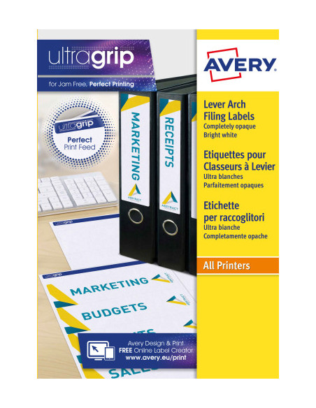 PAQUETE 25 HOJAS ETIQUETAS BLANCAS PARA ARCHIVADORES CON DORSO FINO-IMPRESORAS LÁSER-192X38 MM AVERY L4760-25