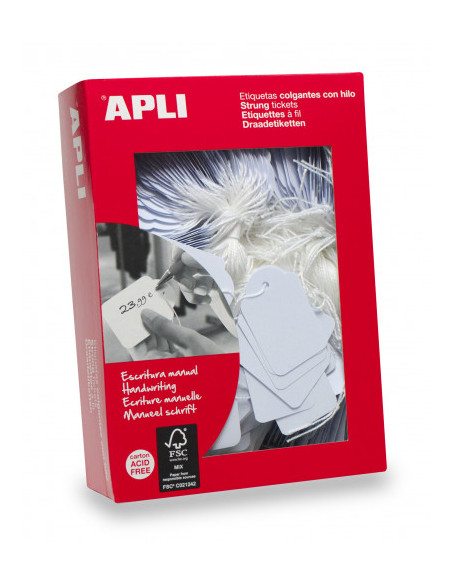 CAJA 500 ETIQUETAS COLGANTES BLANCAS 28 X 43 MM APLI 391