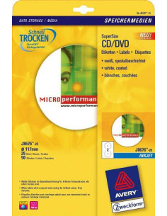 PAQUETE 25 HOJAS ETIQUETAS FULL-FACE NO TOUCH BLANCAS PAPEL CUCHÉ OPACA PARA CD-IMPRESORAS INYECCIÓN TINTA-117 MM AVERY J8676-25