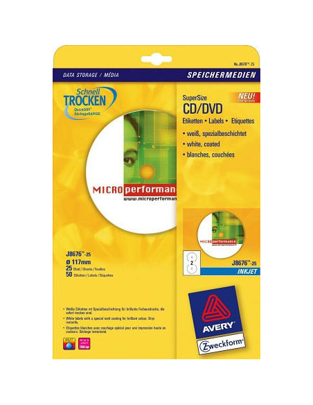 PAQUETE 25 HOJAS ETIQUETAS FULL-FACE NO TOUCH BLANCAS PAPEL CUCHÉ OPACA PARA CD-IMPRESORAS INYECCIÓN TINTA-117 MM AVERY J8676-25