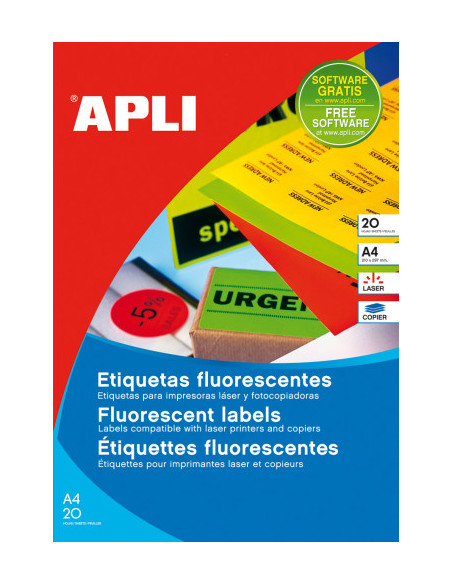 PACK 20 HOJAS (20UD.)ETIQUETAS VERDE FLUORESCENTE PERMANENTES 210