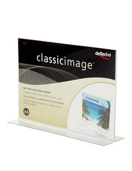 EXPOSITOR DE SOBREMESA EN FORMA T A 2 CARAS POLIESTIRENO A4 HORIZONTAL DEFLECTO 47701
