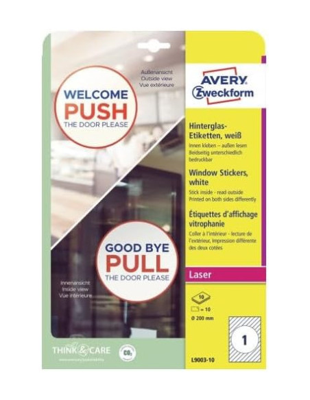 ADHESIVOS DE PAPEL PARA VENTANAS 200 MM 10 HOJAS POR PAQUETE.  AVERY L9003-10