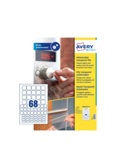 CAJA DE 10 HOJAS (68 ETIQUETAS X HOJA) ADHESIVAS ANTIBACTERIANAS Y ANTIMICROBIANAS POLIÉSTER TRANSPARENTE CUADRADAS MIXTAS CAJA DE 10 HOJAS (68 ETIQUETAS X HOJA) ADHESIVAS ANTIBACTERIANAS Y ANTIMICROBIANAS POLIÉSTER TRANSPARENTE CUADRADAS MIXTAS