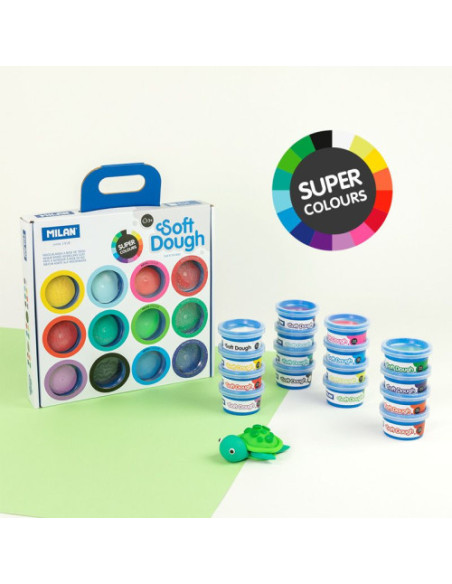 MALETÍN 16 BOTES PASTA BLANDA SOFT DOUGH DE 30GR COLORES SURTIDOS (INCLUYE NEÓN Y GLITTER) MILAN 913316SC