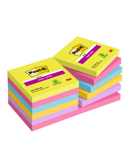 PACK 12 BLOCS 90 HOJAS NOTAS ADHESIVAS 76X76MM SUPER STICKY COLORES SURTIDOS ULTRA 654-12SSUC POST-IT 7100290156