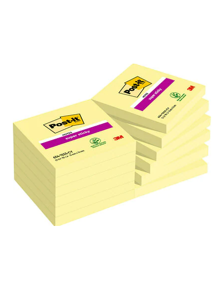 PACK 12 BLOCS 90 HOJAS NOTAS ADHESIVAS 76X76MM SUPER STICKY SIN ENCELOFANADO INDIVIDUAL 654-12SSCY-EU POST-IT 7100290155