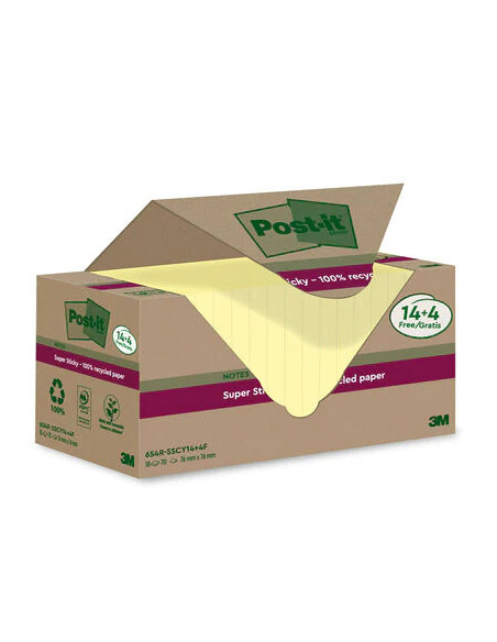 PACK 14+4 BLOCS 90 HOJAS NOTAS RECICLADAS ADHESIVAS 76X76MM SUPER STICKY AMARILLO PASTEL 654 RSSCY14+4 POST-IT 7100284878