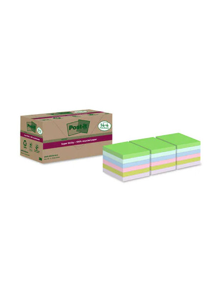 PACK 14+4 BLOCS 90 HOJAS NOTAS RECICLADAS ADHESIVAS 76X76MM SUPER STICKY COLORES SURTIDOS 654 RSSCOL14+4 POST-IT 7100284782