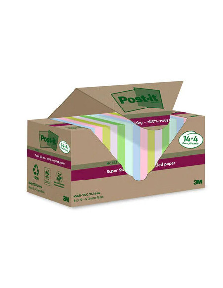 PACK 14+4 BLOCS 90 HOJAS NOTAS RECICLADAS ADHESIVAS 76X76MM SUPER STICKY COLORES SURTIDOS 654 RSSCOL14+4 POST-IT 7100284782