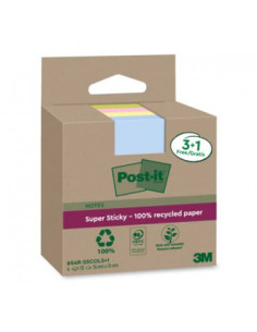 PACK 3+1 BLOCS 90 HOJAS NOTAS RECICLADAS ADHESIVAS 76X76MM SUPER STICKY COLORES SURTIDOS 654 RSSCOL3+1 POST-IT 7100285103