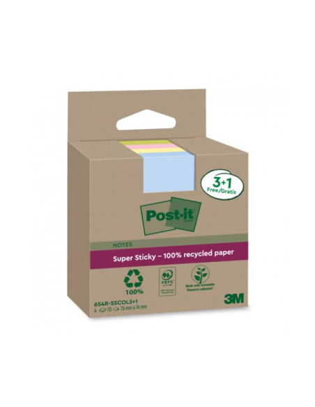 PACK 3+1 BLOCS 90 HOJAS NOTAS RECICLADAS ADHESIVAS 76X76MM SUPER STICKY COLORES SURTIDOS 654 RSSCOL3+1 POST-IT 7100285103
