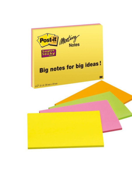 PACK 4 BLOCS 45 HOJAS NOTAS GRANDES ADHESIVAS 203X152MM SUPER STICKY COLORES SURTIDOS NEÓN 6845-SSP POST-IT 7100234637
