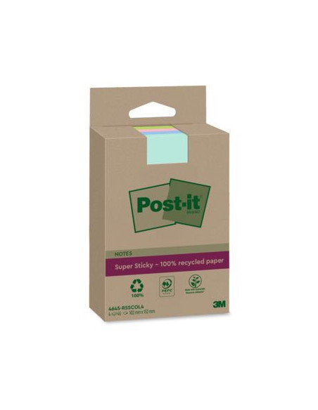 PACK 4 BLOCS 45 HOJAS NOTAS RECICLADAS ADHESIVAS 102X152MM SUPER STICKY COLORES SURTIDOS CON LÍNEAS 4645-RSSCOL4 POST-IT 7100321