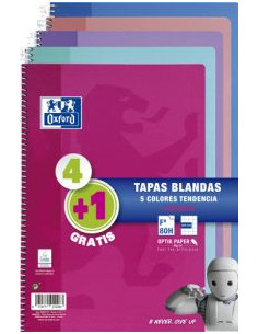 PACK 4+1 CUADERNO ESPIRAL TAPA BLANDA FOLIO 80 HOJAS 4X4 CON MARGEN COLORES TENDENCIA OXFORD 400072719