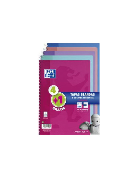 PACK 4+1 CUADERNO ESPIRAL TAPA BLANDA FOLIO 80 HOJAS 4X4 CON MARGEN COLORES TENDENCIA OXFORD 400072719