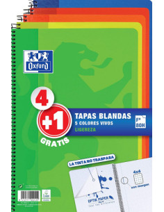PACK 4+1 CUADERNO ESPIRAL TAPA BLANDA FOLIO 80 HOJAS 4X4 CON MARGEN COLORES VIVOS OXFORD 400027271