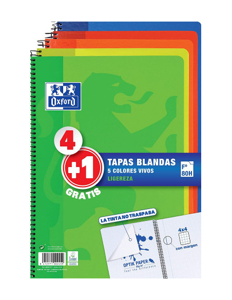 PACK 4+1 CUADERNO ESPIRAL TAPA BLANDA FOLIO 80 HOJAS 4X4 CON MARGEN COLORES VIVOS OXFORD 400027271