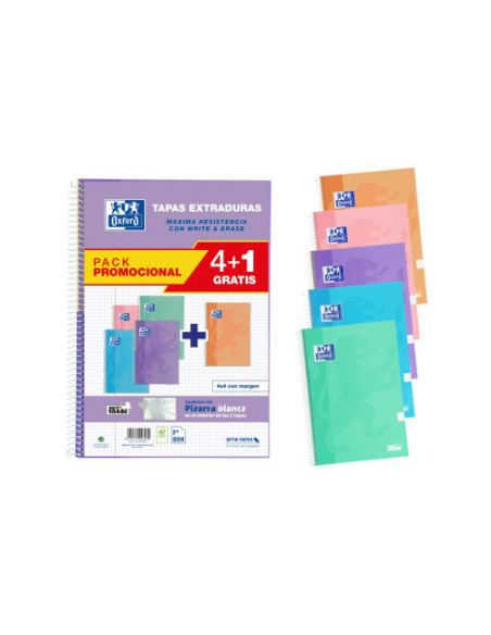 PACK 4+1 CUADERNOS CLASSIC WRITE&ERASE Fº T.EXTRADURA 80H 4X4 COLORES PASTEL OXFORD 400159802
