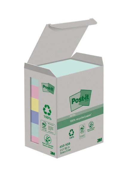 PACK 6 BLOCS 100 HOJAS NOTAS RECICLADAS ADHESIVAS 38X51MM COLORES SURTIDOS CAJA CARTÓN 653-1GB POST-IT 7100259445