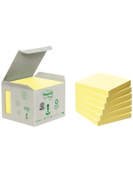 PACK 6 BLOCS 100 HOJAS NOTAS RECICLADAS ADHESIVAS 76X76MM AMARILLO CAJA CARTÓN 654-1B POST-IT 7100172252