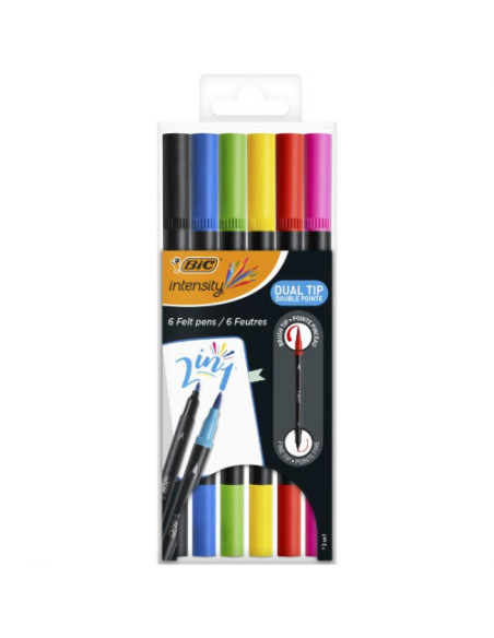 PACK 6 ROTULADORES INTENSITY DUAL TIP 2 EN 1 - PUNTA FINA Y PUNTA PINCEL - COLORES SURTIDOS BIC 989694
