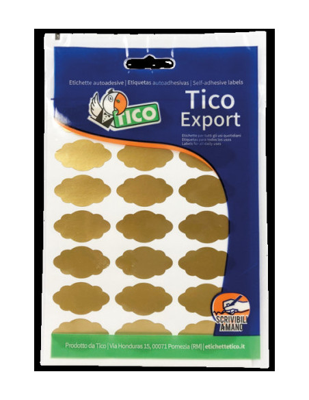 PAQUETE 10 HOJAS ETIQUETAS SATINADAS ORO 36X19 MM TICO E-GL-3619